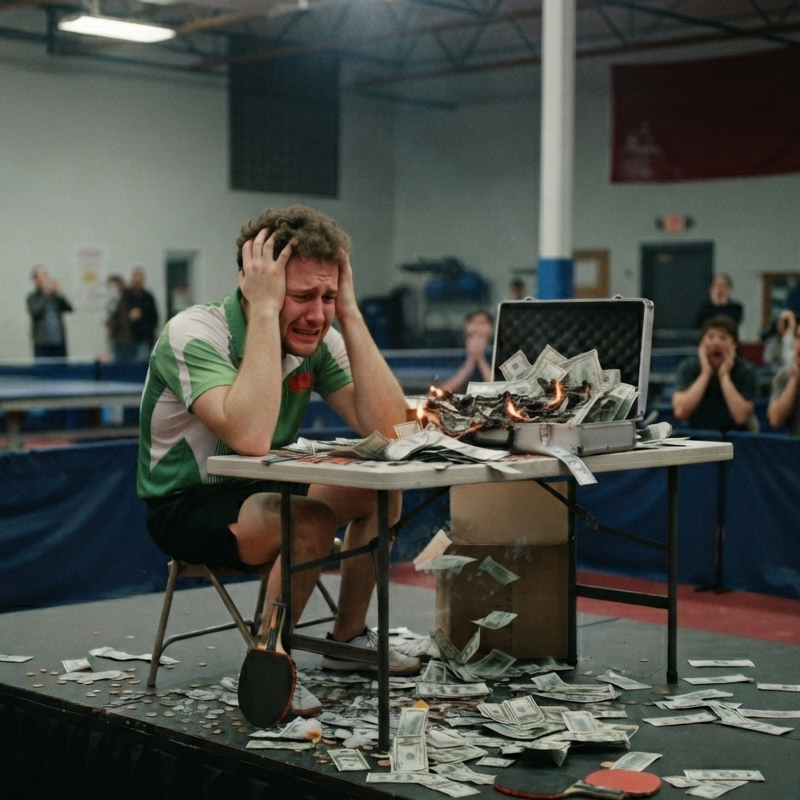 Table tennis player upset at the money strewn around and on fire.