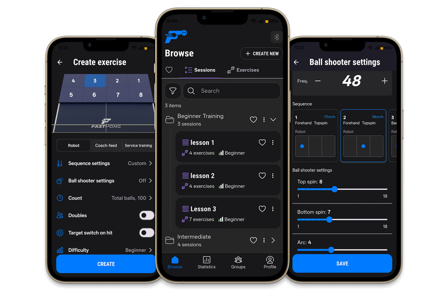 Three smartphone screens displaying different app interfaces to the built-in lessons
