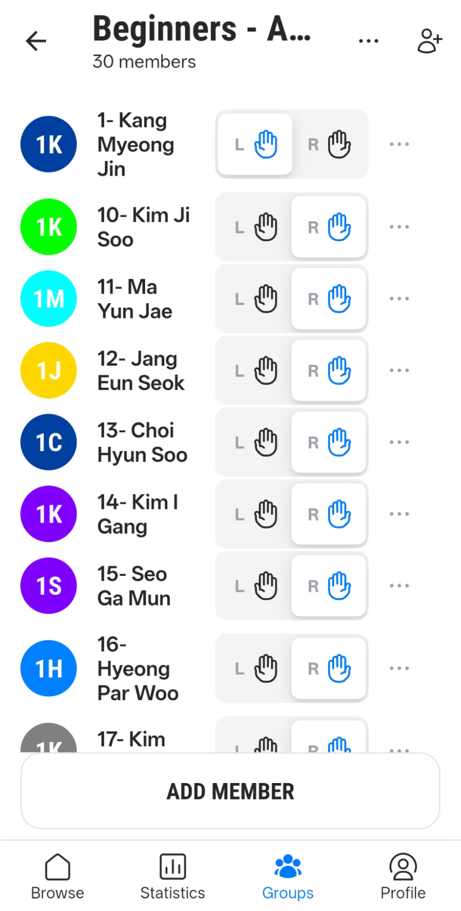 Fastpong mobile app screenshot showing a class list, with the options of left or right-handed for each student