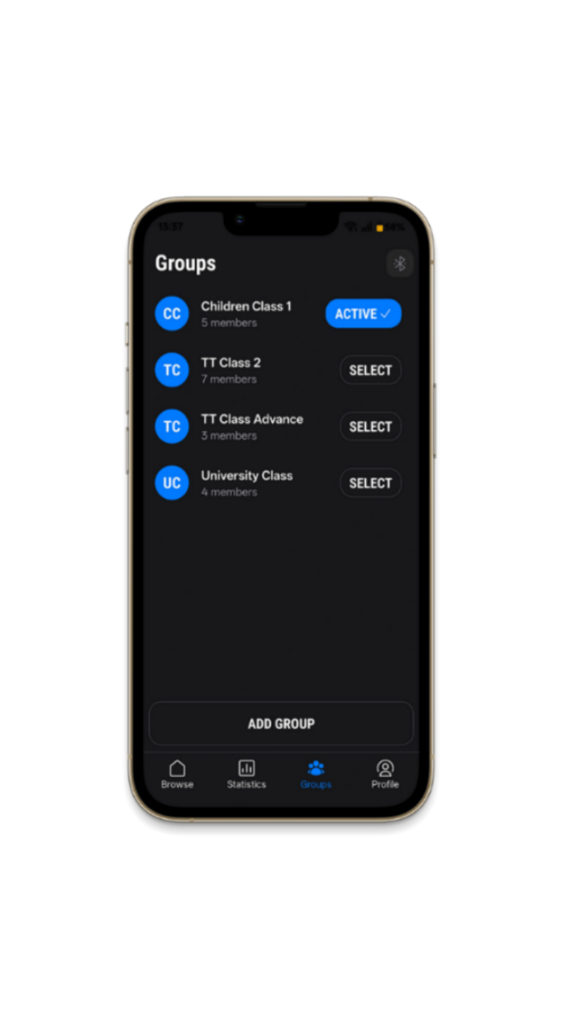 A smartphone showing the class selection in the group management section of the Fastpong mobile app